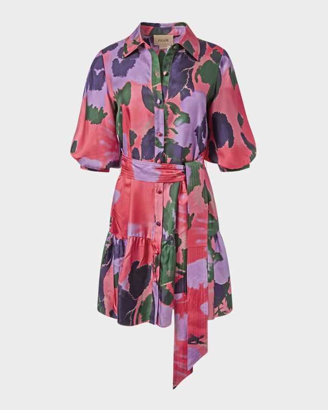 Georgie Belted Puff-Sleeve Ruffle Mini Shirtdress
